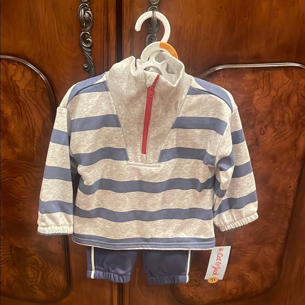 NWT Cat & Jack Striped Blue and Gray 2Pc Outfit 12 Months
